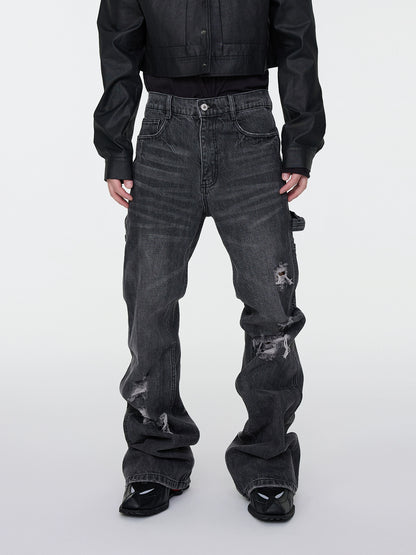 Whisker Rip Damage Stacked Flare Denim Jeans WN16949