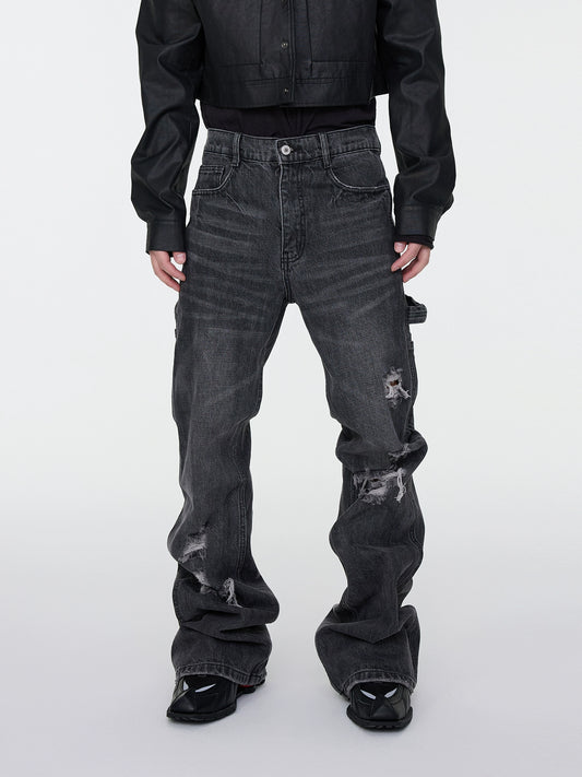 Whisker Rip Damage Stacked Flare Denim Jeans WN16949