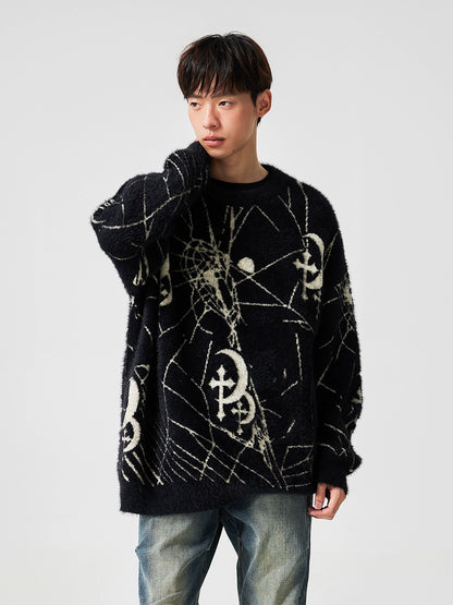 Spider Web Pattern Oversize Knit Sweater WN17618