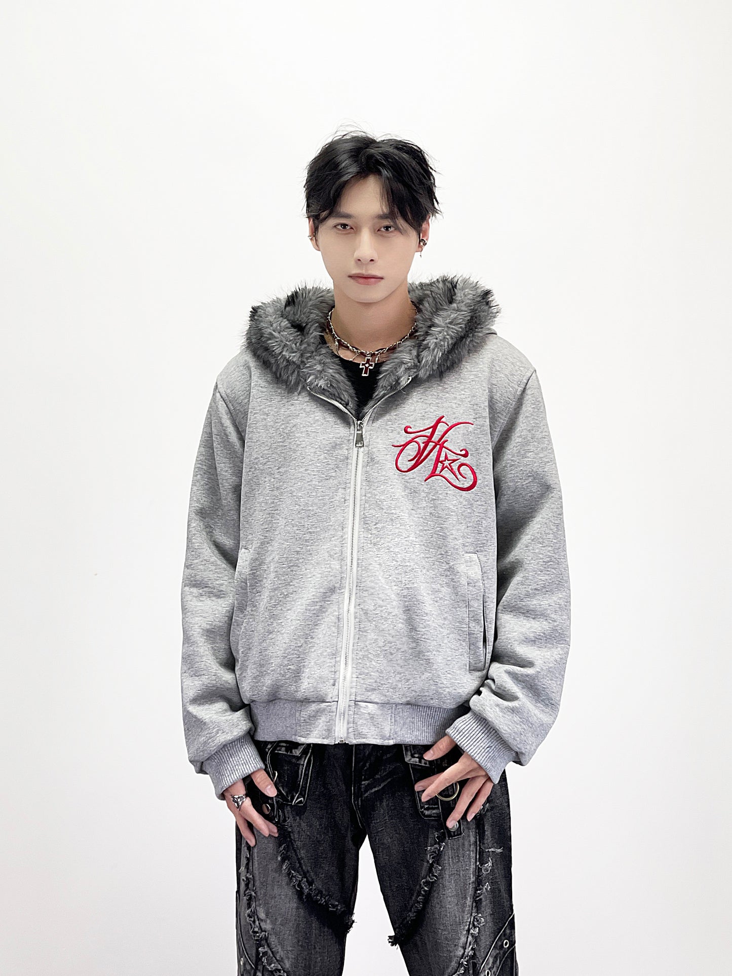 Embroidery Letter Fake Fur Hooded Jacket WN24262