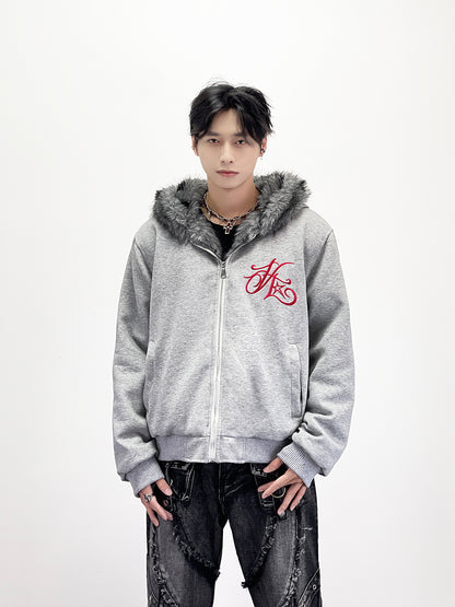 Embroidery Letter Fake Fur Hooded Jacket WN24262
