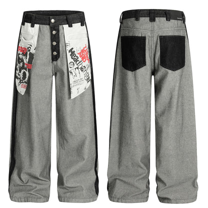 Print Deconstruction Wide Leg Denim Jeans WN25871