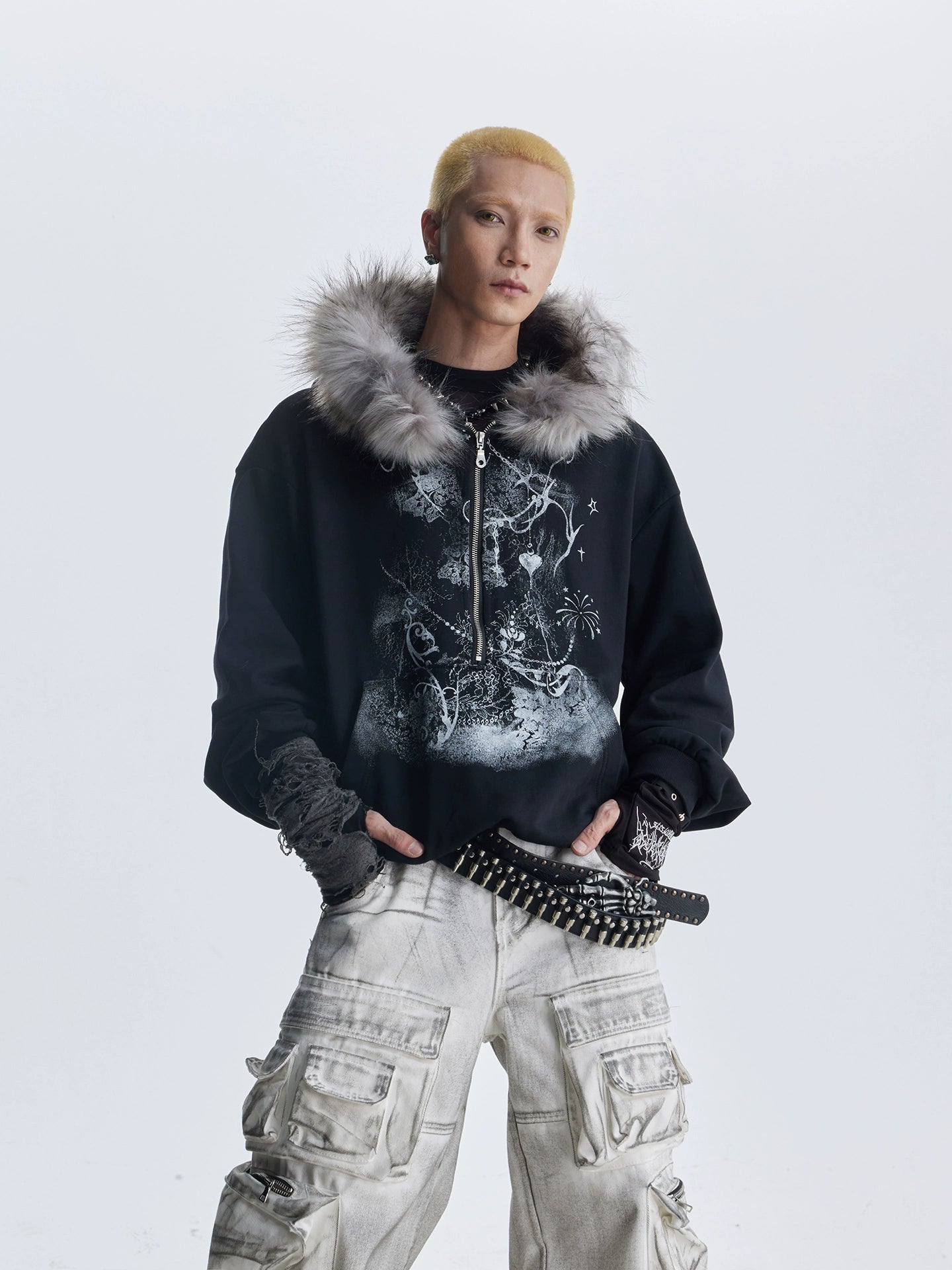 Fake Fur Art Print Oversize Half Zipper Hoodie WN20804