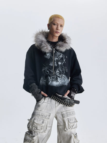 Fake Fur Art Print Oversize Half Zipper Hoodie WN20804