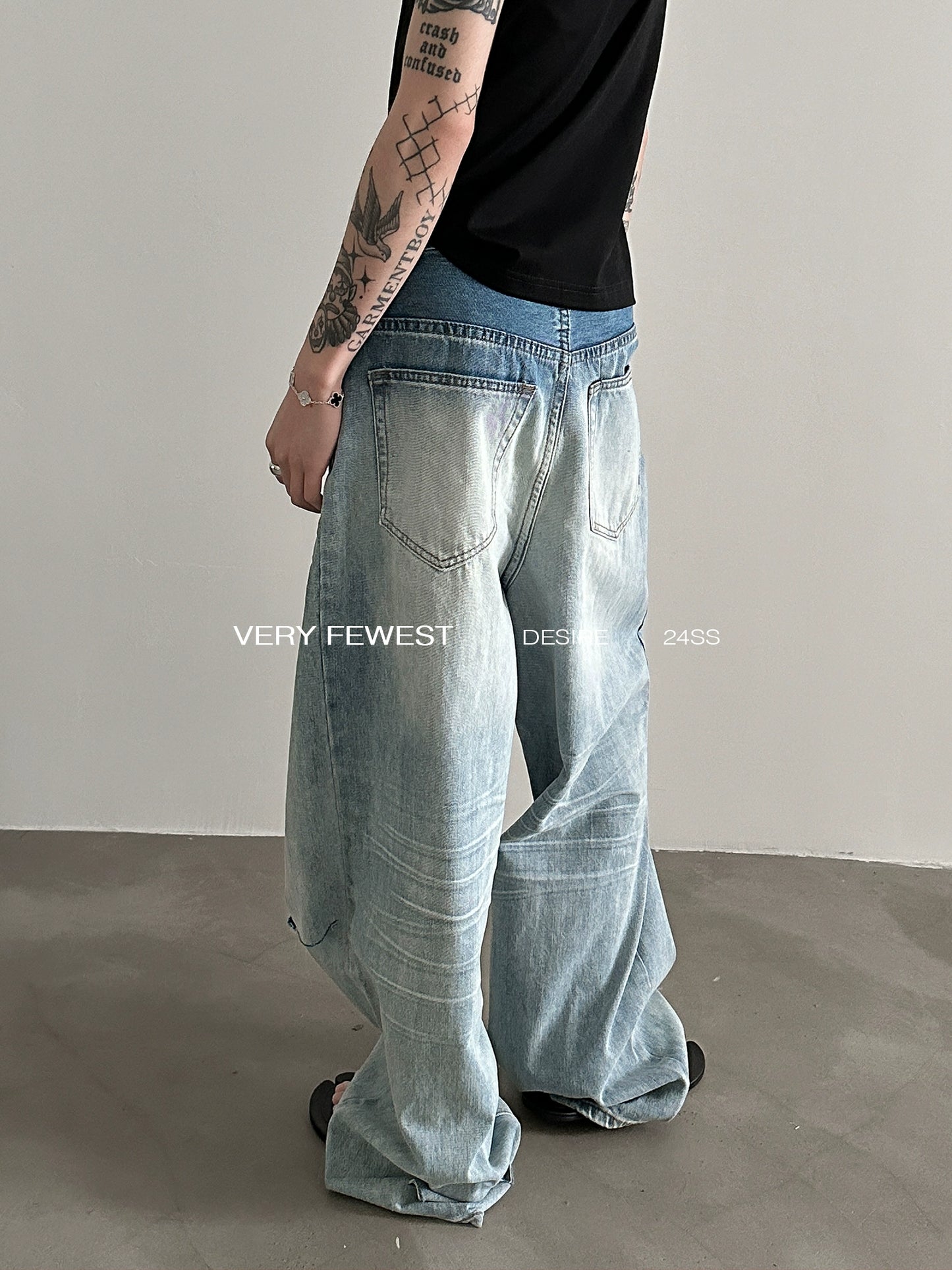 3D Washed Wide Leg Denim Jeans WN8891