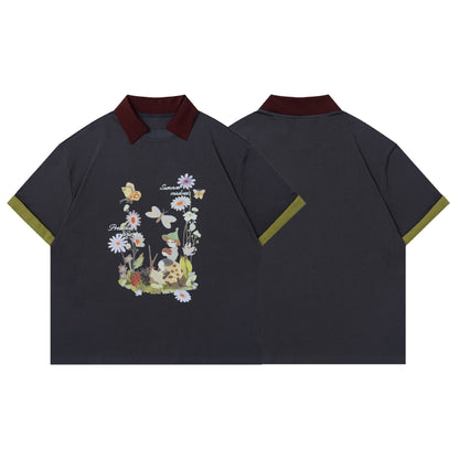 Flower Butterfly Print Short Sleeve Polo Shirt WN25547