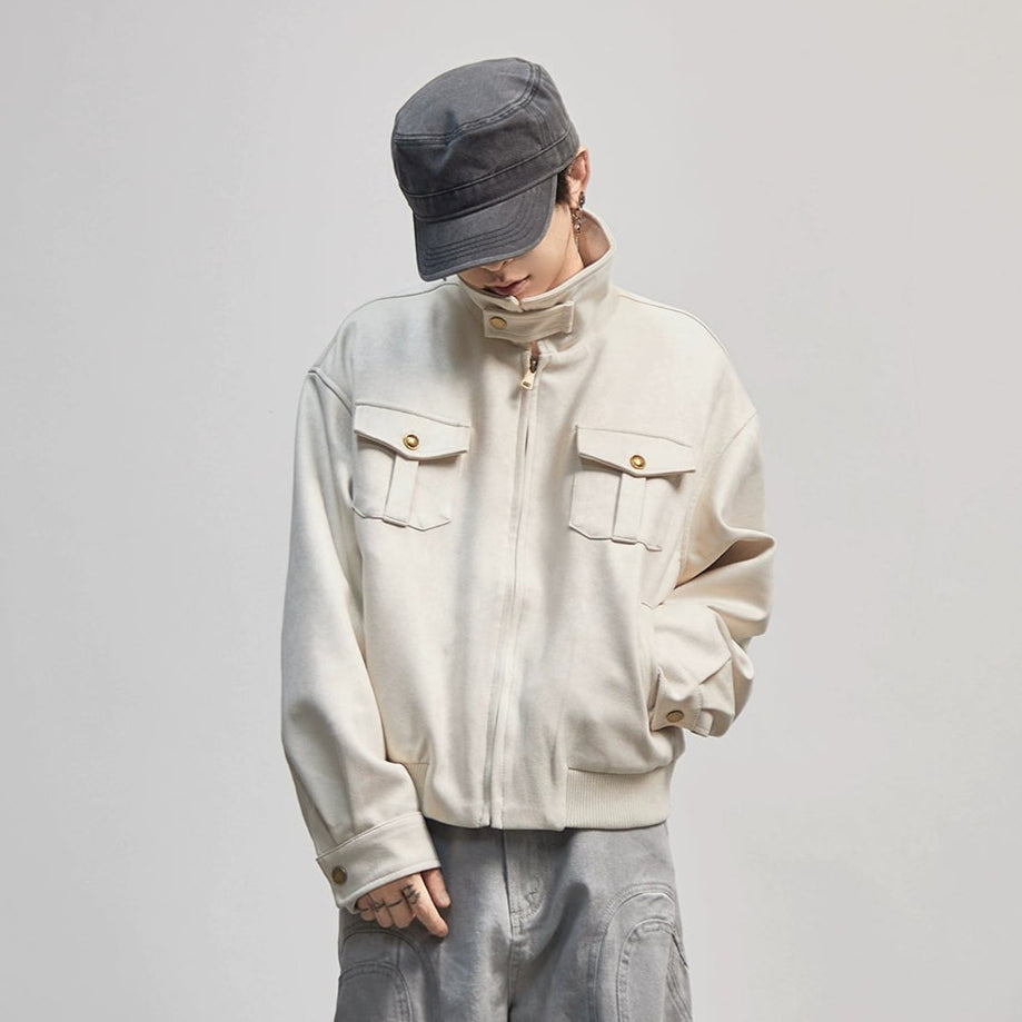 Stand Neck Suede Cargo Long Sleeve Jacket WN21192