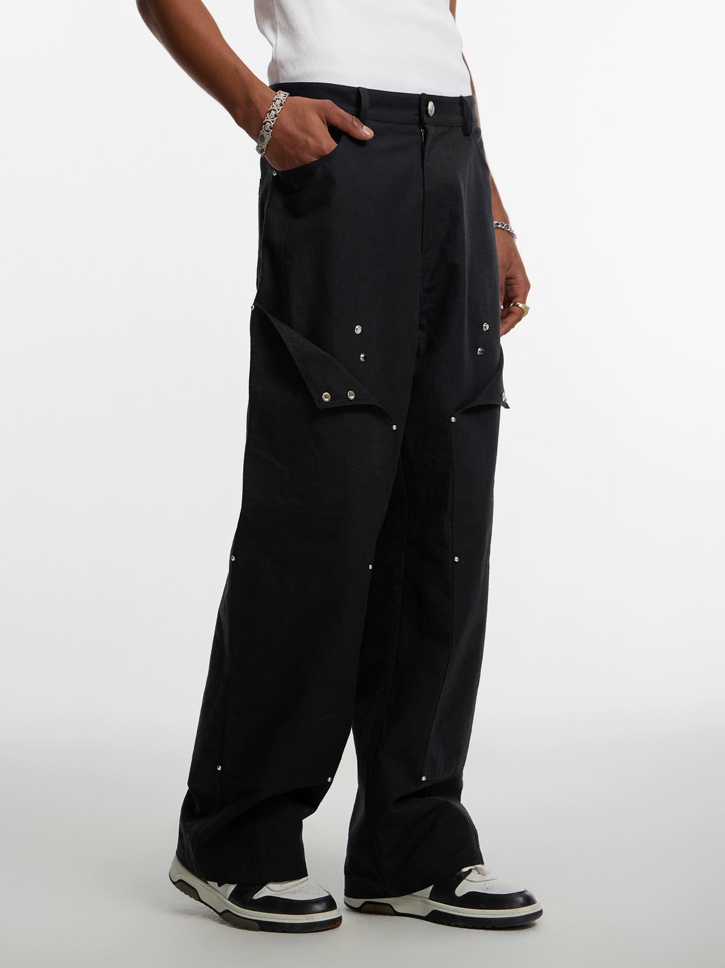 Studded Patchwork Textured Lumber Pants WN11966