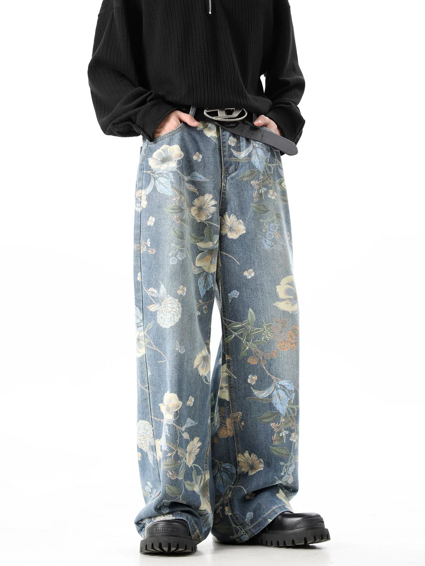 Flower Print Wide-Leg Straight Denim Jeans WN10501