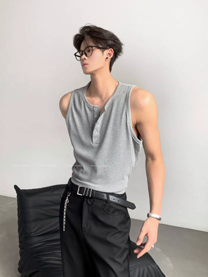 Button Detail Henley Neck Sleeveless T-Shirt WN20083