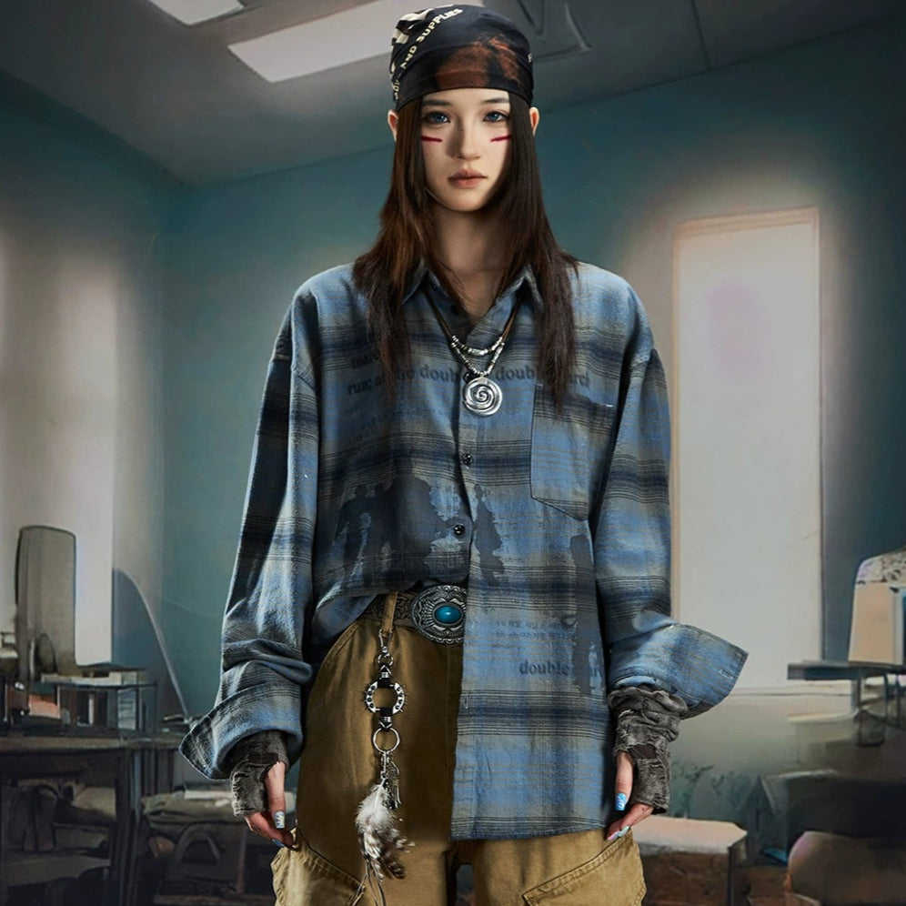 Plaid Color Block Print Oversize Long Sleeve Shirt WN20566