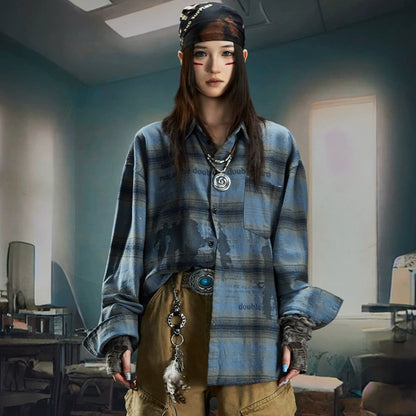 Plaid Color Block Print Oversize Long Sleeve Shirt WN20566