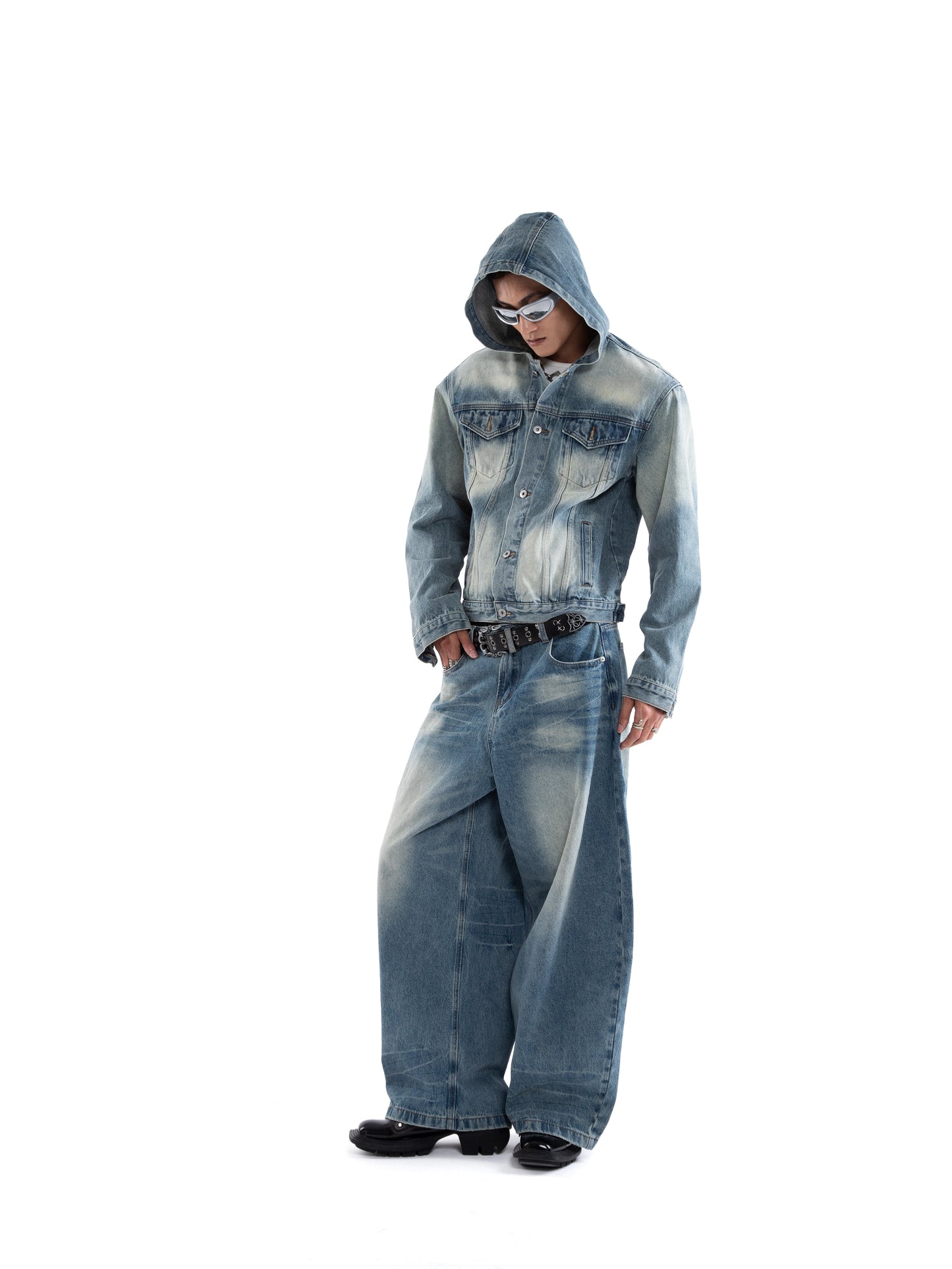 Washed Hooded Denim Jacket & Wide Leg Denim Jeans Setup WN20652