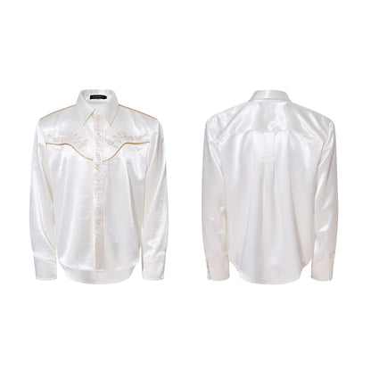 Draped Wrinkle-Resistant Note Embroidery Shoulder-Pad Long Sleeve Shirt WN23276