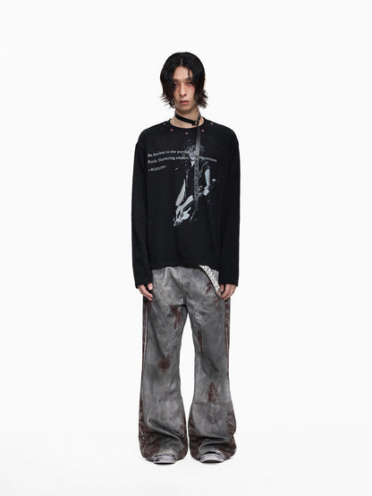 Washed Guitar Portrait Slogan Print Long Sleeve T-Shirt WN27324