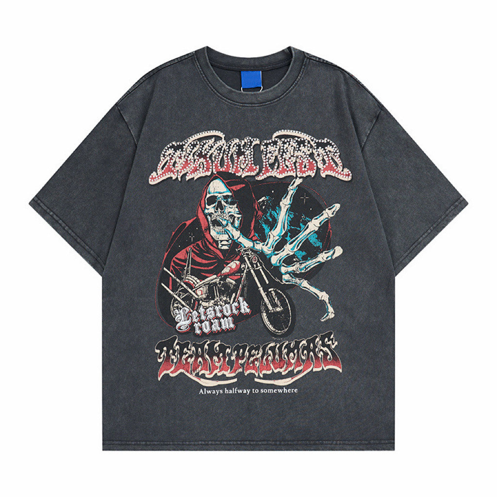 Skull Motorcycle Graphic Print Oversize Short Sleeve T-Shirt WN24496