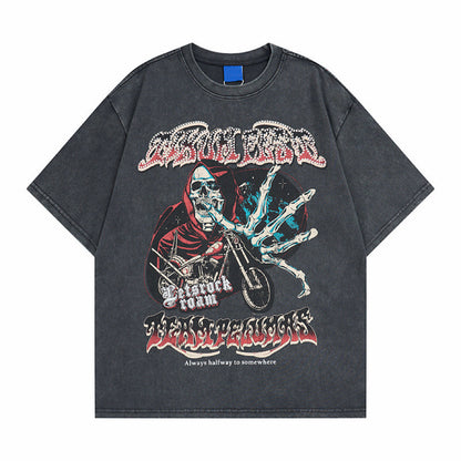 Skull Motorcycle Graphic Print Oversize Short Sleeve T-Shirt WN24496