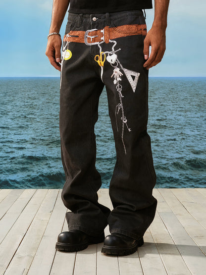 Belt-Print Utility Graphic Straight Pants WN23249