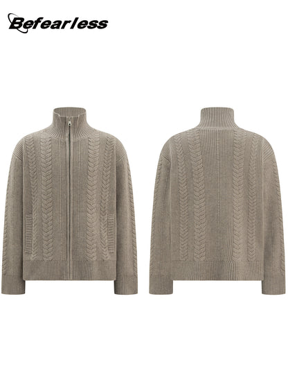 Heavyweight Cable-Knit High-Neck Zip-Up Oversize Knit Cardigan WN26314
