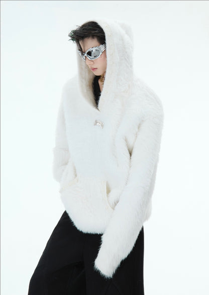 Pearl-Embellished Furry Hooded Knit Sweater WN11614