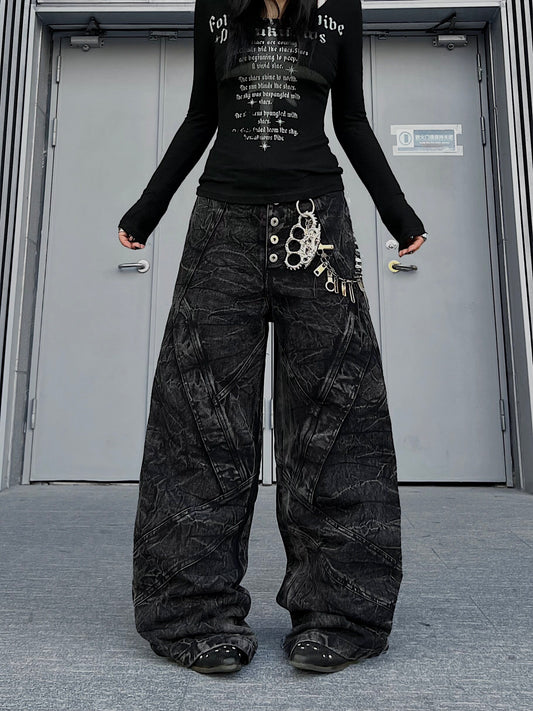 Wrinkle Texture Button Fly Panel Wide Leg Denim Jeans WN24150