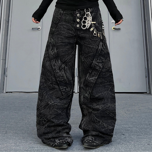 Wrinkle Texture Button Fly Panel Wide Leg Denim Jeans WN24150