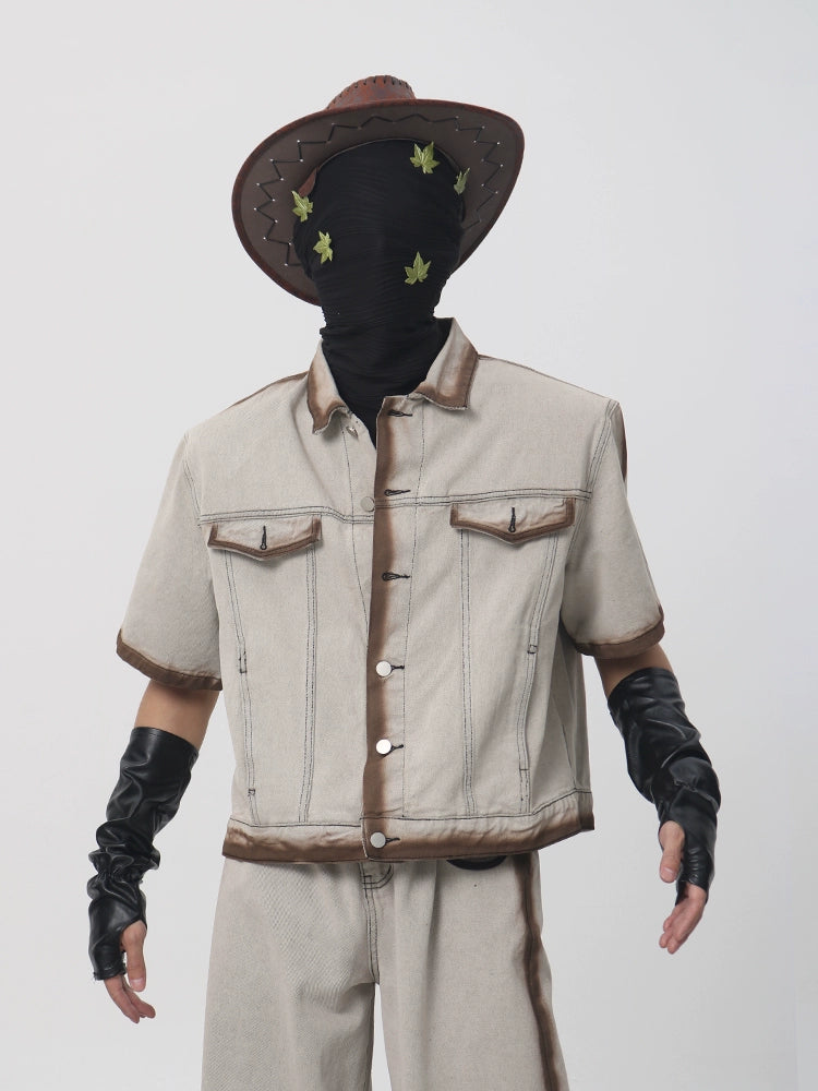 Spray Paint Short Sleeve Denim Jacket & Denim Jeans Setup WN18639