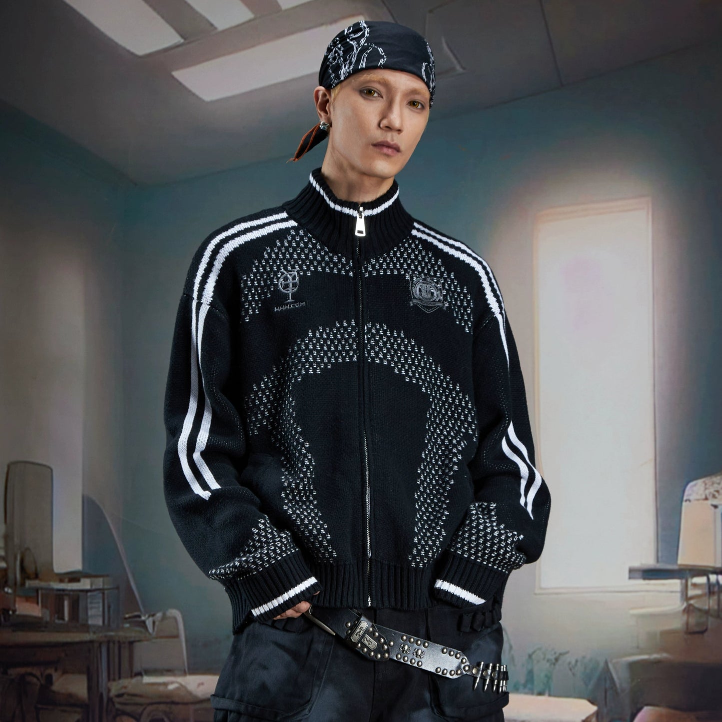 Contrast Stand Neck Zipper Knit Cardigan WN21373