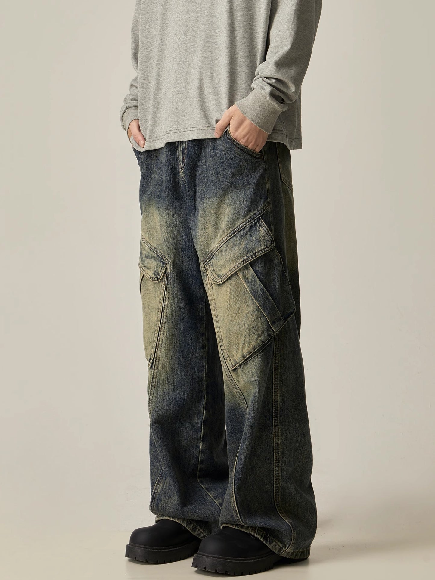 Damage Design Straight Leg Cargo Denim Jeans WN8980