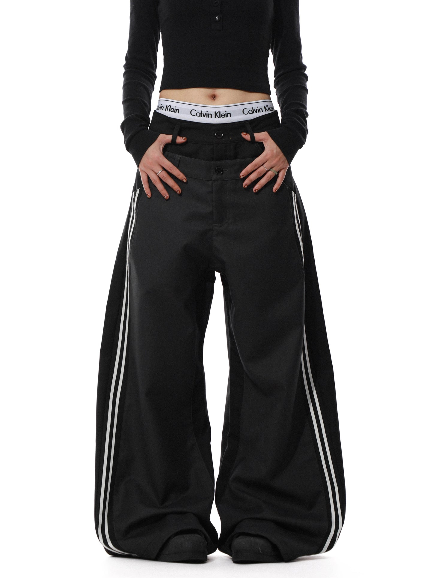 Double Waistband Stripe Patch Wide Leg Pants WN22096