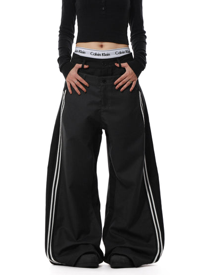 Double Waistband Stripe Patch Wide Leg Pants WN22096
