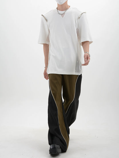 Metal Zipper Design Shoulder Pad Short Sleeve T-Shirt WN6118