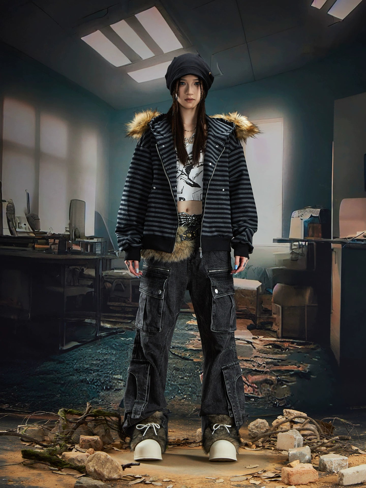 Fur Splicing Stripe Zipper Hoodie WN20591