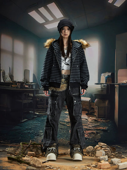 Fur Splicing Stripe Zipper Hoodie WN20591