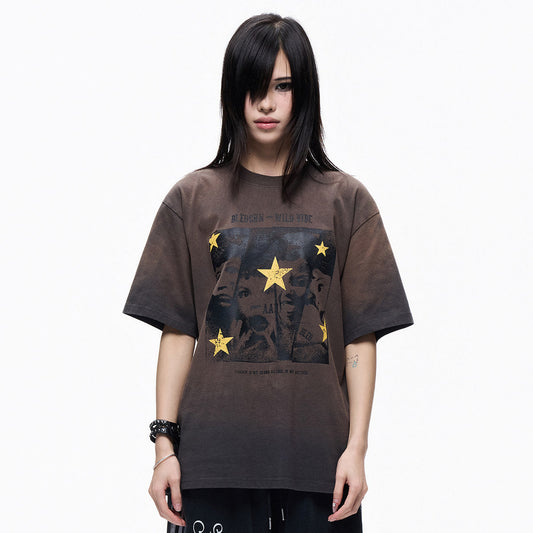 Washed Star Art Graphic Print Short Sleeve T-Shirt WN27265