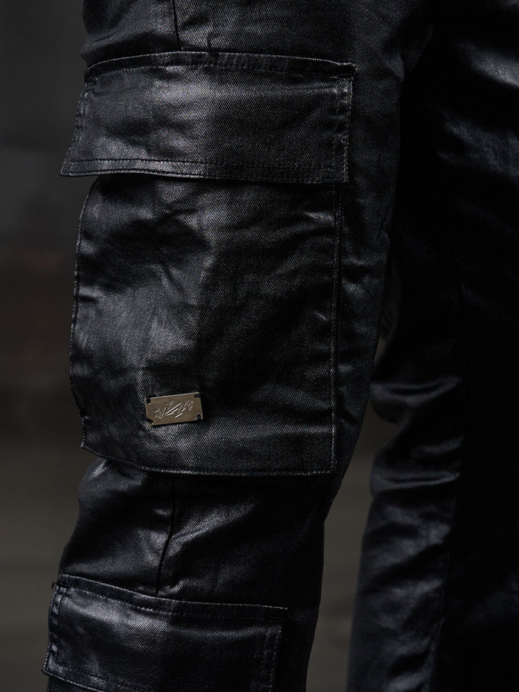 Waxed Heavy PU Leather Straight Cargo Pants WN20973