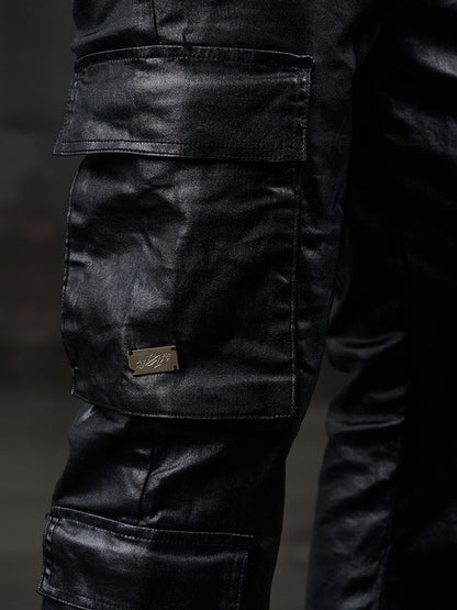 Waxed Heavy PU Leather Straight Cargo Pants WN20973