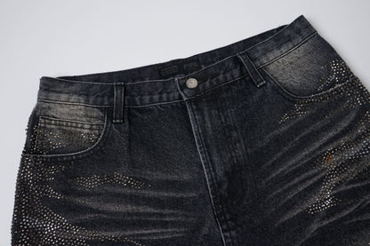 Rhinestone Camouflage Wash Denim Half Pants WN25558