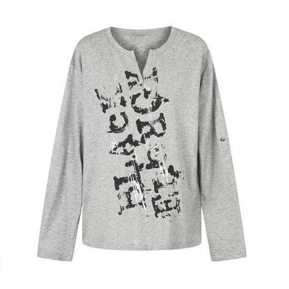 Graphic Print Notched Neck Long Sleeve T-Shirt WN28076
