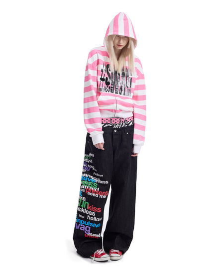 Stripe Letter Print Zipper Hoodie WN27227
