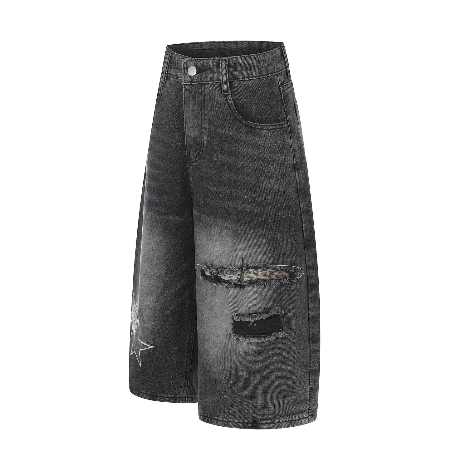 Star Patch Embroidery Curved Denim Half Pants WN25717