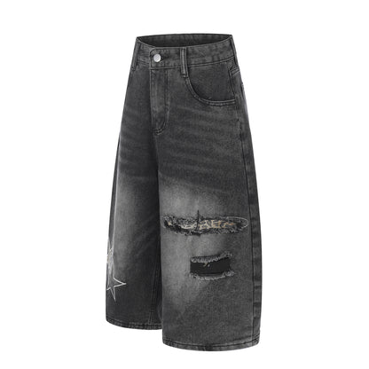 Star Patch Embroidery Curved Denim Half Pants WN25717