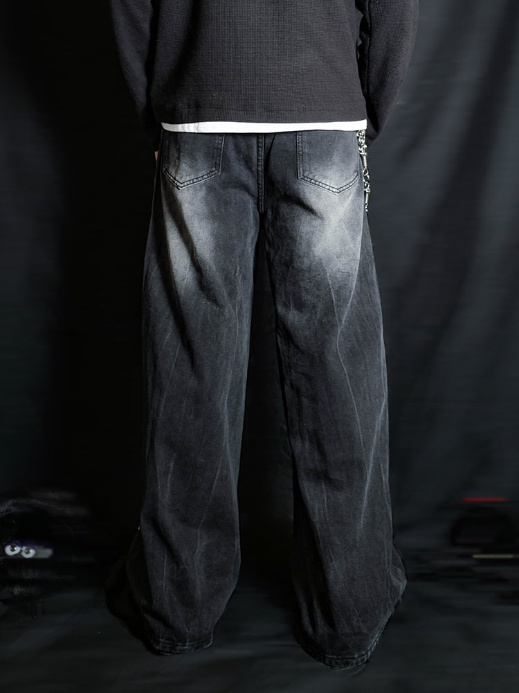 Graphic Design Washed Low-Rise Wide Leg Denim Jeans WN16077