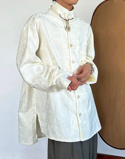 Embroidery Jacquard Stand Neck Long Sleeve Shirt WN20033