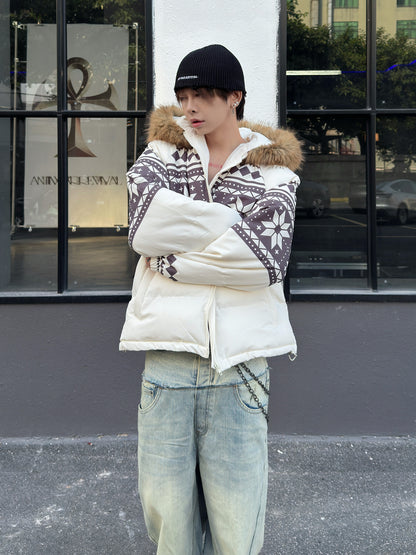 Fair Isle Lamb Fleece Fur Collar Hooded Puffer Jacket WN23010