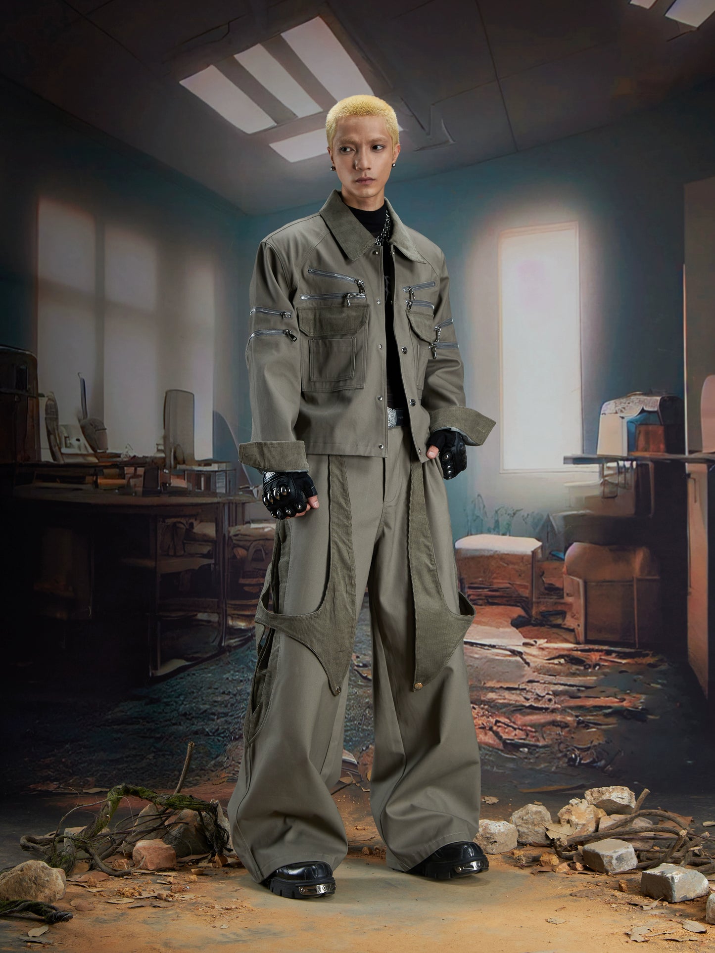 Detachable Patchwork Corduroy Wide Leg Pants WN21368