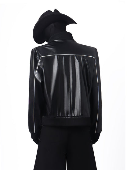Contrast Line PU Leather Short Jacket WN23676