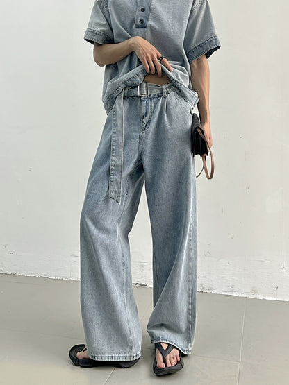 Short Sleeve Denim T-shirt & Wide-Leg Straight Belted Denim Jeans Setup WN7409