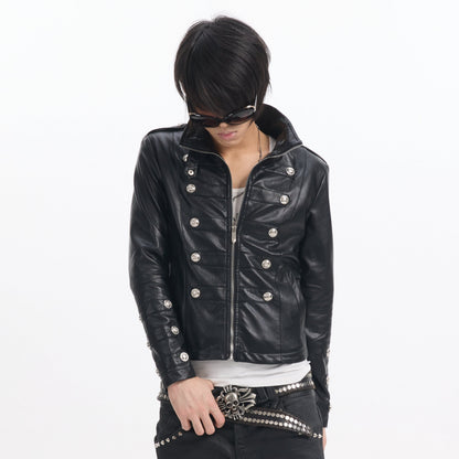 Stand Neck Button Detail PU Leather Jacket WN27241