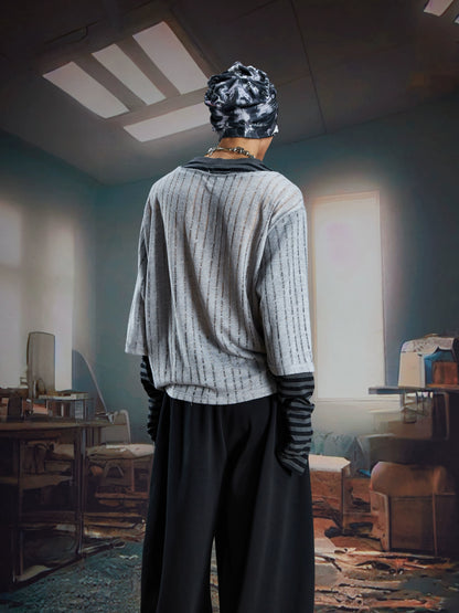 Stripe Print Fake Layered Long Sleeve T-Shirt WN21357